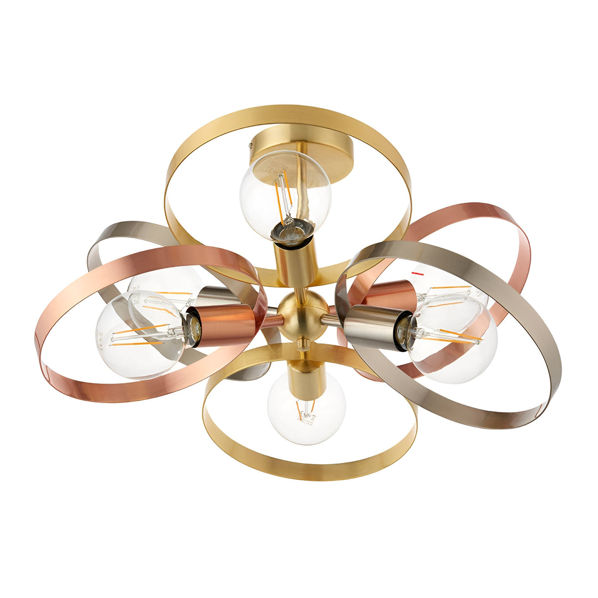 Endon Brenmere 6 light pendant with open hoops in brushed brass, copper and nickel, exposed E27 filament bulbs, shown on a white background.