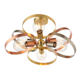 Endon Brenmere 6 light semi-flush pendant with open hoops in brushed brass, copper and nickel, exposed E27 filament bulbs, on a white background.
