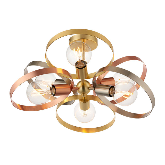 Endon Brenmere 6 light semi-flush pendant with open hoops in brushed brass, copper and nickel, exposed E27 filament bulbs, on a white background.
