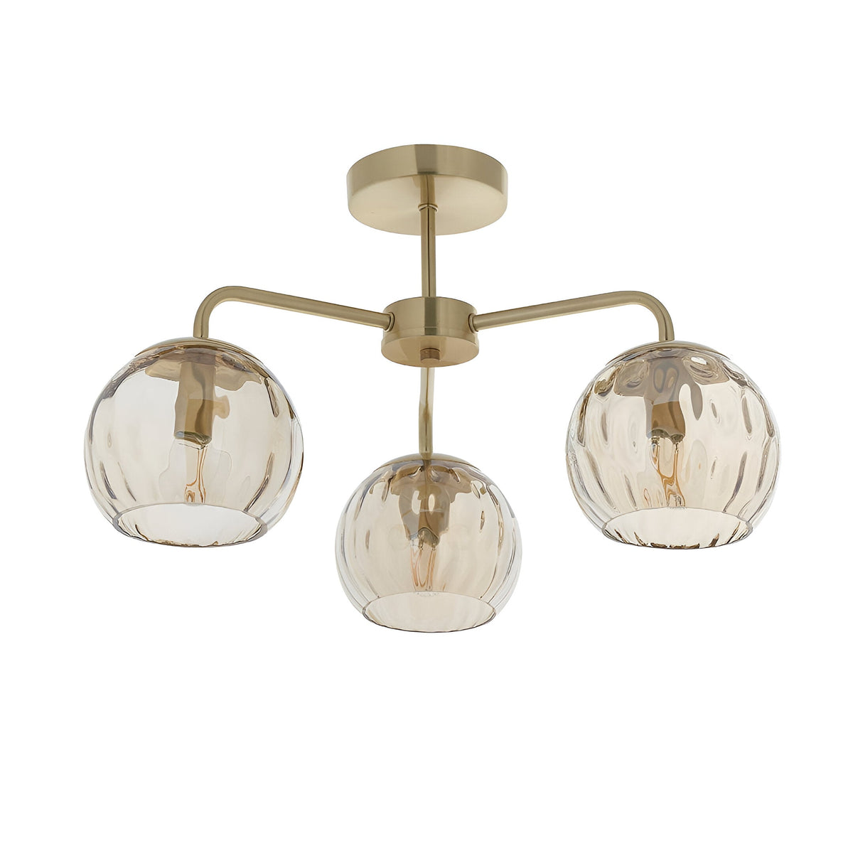 Endon Everly 3 light semi-flush ceiling light in gold with three arms holding dimpled amber glass globe shades, shown on a white background.