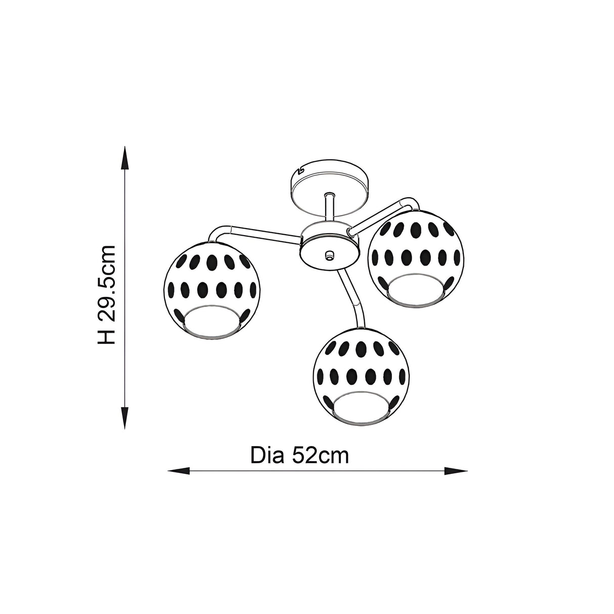 Dimension diagram of the Endon Everly 3 Light semi-flush ceiling light in gold, showing 29.5cm height and 52cm diameter with three globe shades.