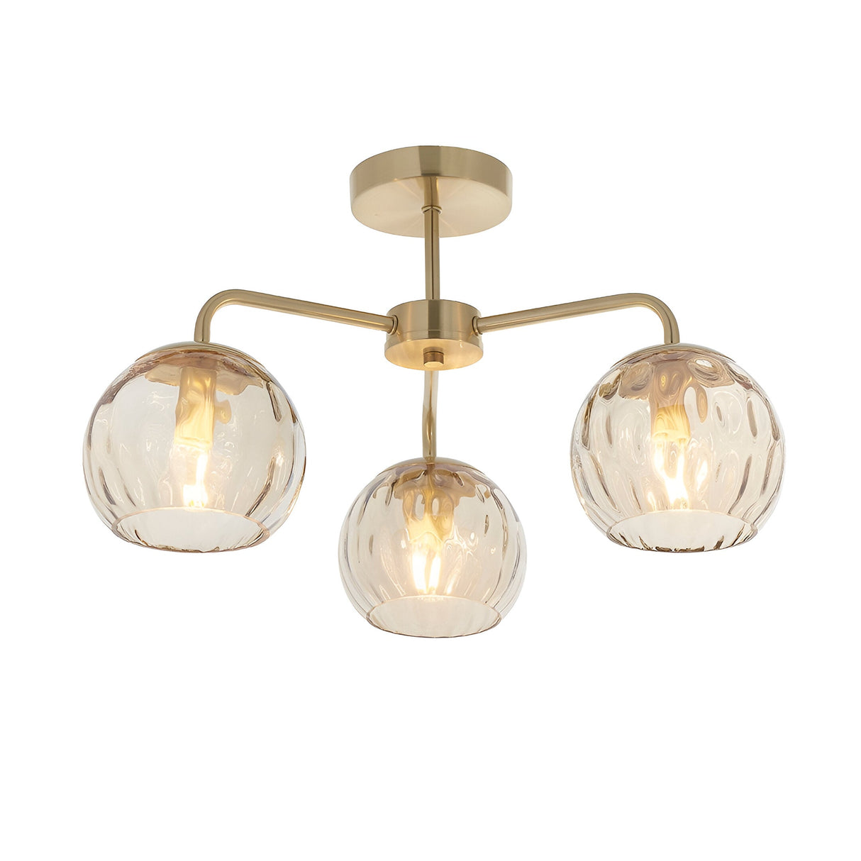 Endon Everly 3 light semi-flush ceiling light in gold with brass frame and three dimpled glass globe shades on curved arms.