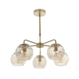 Endon Draycott 5 light pendant with champagne dimpled glass globe shades on satin brass arms and ceiling rod, shown on a plain white background.