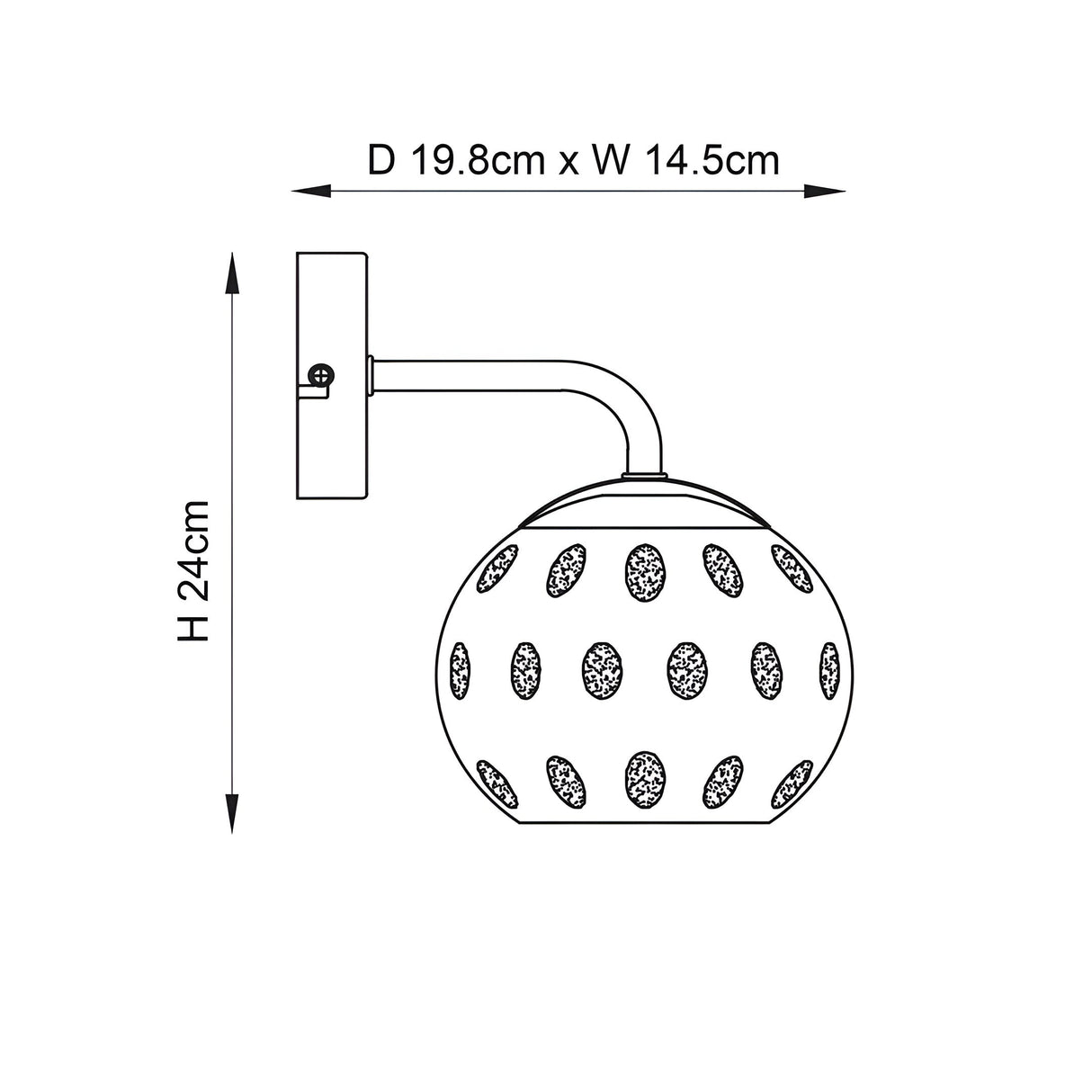 Dimensioned line drawing of Endon Draycott wall light with dimpled glass globe shade on a satin brass arm, showing 24cm height and 19.8cm projection.