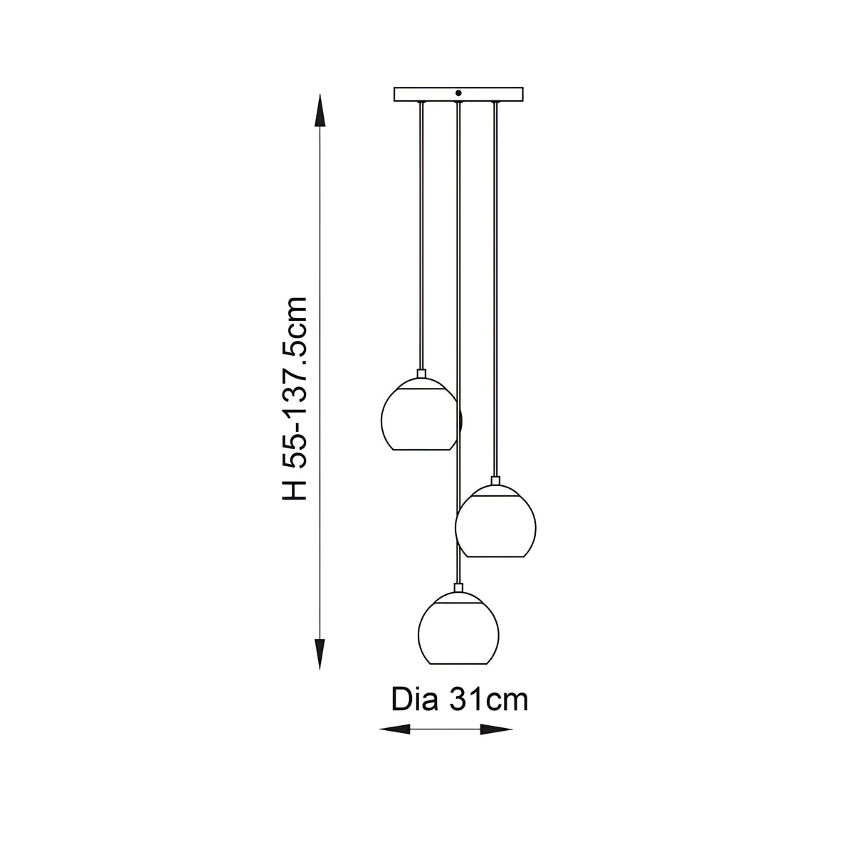 Technical line drawing of the Draycott 3 Light Dimpled Glass Pendant showing three staggered globe shades, adjustable height 55-137.5cm and 31cm diameter.