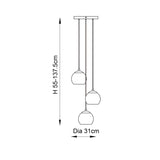 Technical line drawing of the Draycott 3 Light Dimpled Glass Pendant showing three staggered globe shades, adjustable height 55-137.5cm and 31cm diameter.
