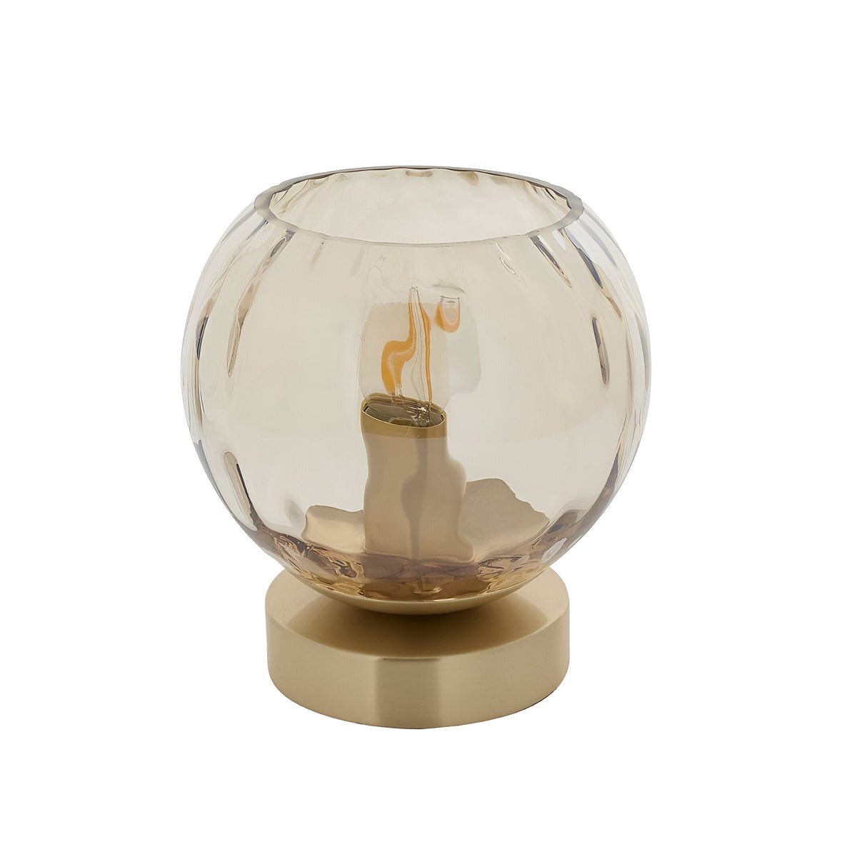 Draycott Dimpled Glass Table Lamp with a champagne dimpled glass globe shade on a satin gold base, shown lit on a plain white background.