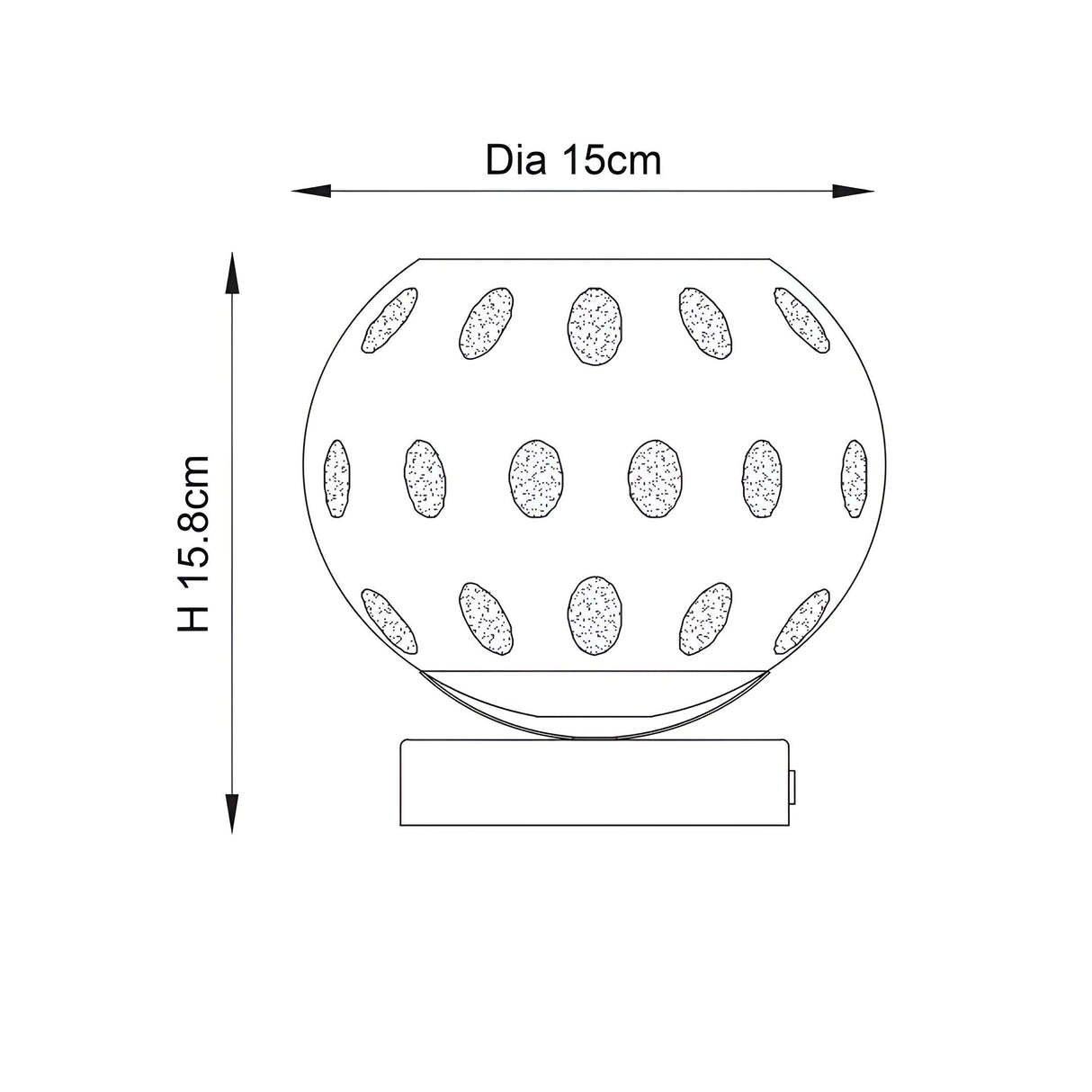 Line drawing of the Draycott Dimpled Glass Table Lamp showing dimensions, a dimpled oval glass shade on a rectangular satin gold base, Dia 15cm x H 15.8cm.