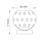 Line drawing of the Draycott Dimpled Glass Table Lamp showing dimensions, a dimpled oval glass shade on a rectangular satin gold base, Dia 15cm x H 15.8cm.