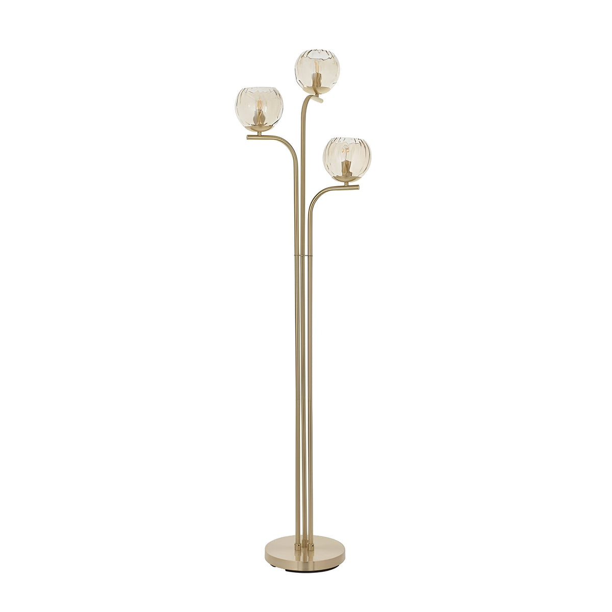 Endon Draycott 3 light floor lamp with champagne dimpled glass globe shades on a satin brass tiered stem and round base, shown on a white background.