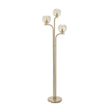 Endon Draycott 3 light floor lamp with champagne dimpled glass globe shades on a satin brass tiered stem and round base, shown on a white background.