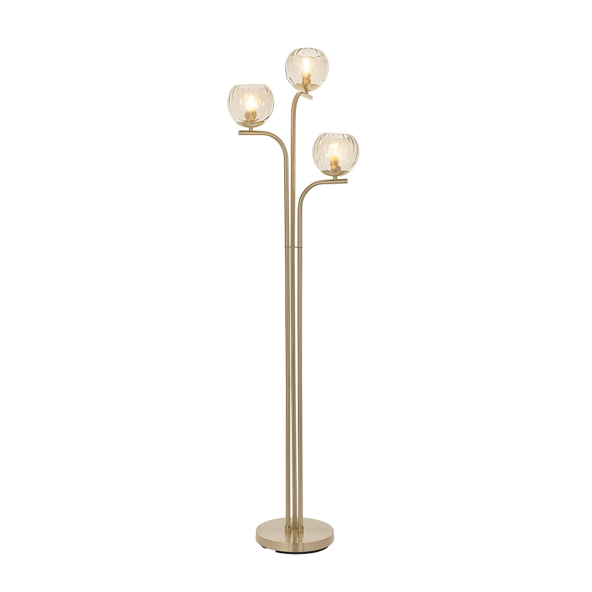 Endon Draycott 3 light floor lamp with champagne dimpled glass globe shades on a satin brass stem and round base, shown on a plain white background.
