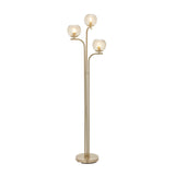 Endon Draycott 3 light floor lamp with champagne dimpled glass globe shades on a satin brass stem and round base, shown on a plain white background.