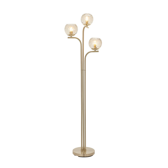 Endon Draycott 3 light floor lamp with champagne dimpled glass globe shades on a satin brass stem and round base, shown on a plain white background.