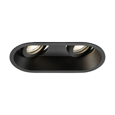 Close-up view of the Dipa Twin Tilt Recessed Round Downlight in black, featuring two adjustable lenses. Its round enclosure and anti-glare design contribute to a contemporary aesthetic, making it ideal for discreet indoor lighting.