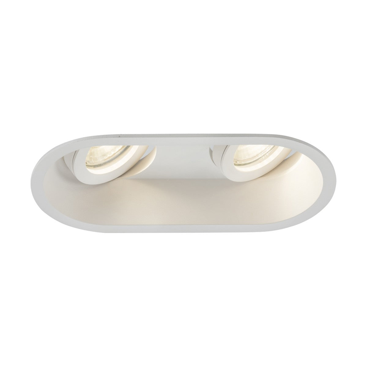 The Dipa Twin Tilt Recessed Round Downlight in white is an oval-shaped light fixture with two round adjustable bulbs, boasting an anti-glare design. Its minimalist and modern aesthetic makes it ideal for residential lighting.