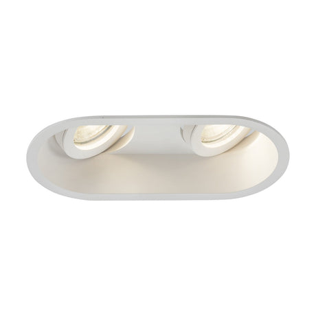 The Dipa Twin Tilt Recessed Round Downlight in white is an oval-shaped light fixture with two round adjustable bulbs, boasting an anti-glare design. Its minimalist and modern aesthetic makes it ideal for residential lighting.