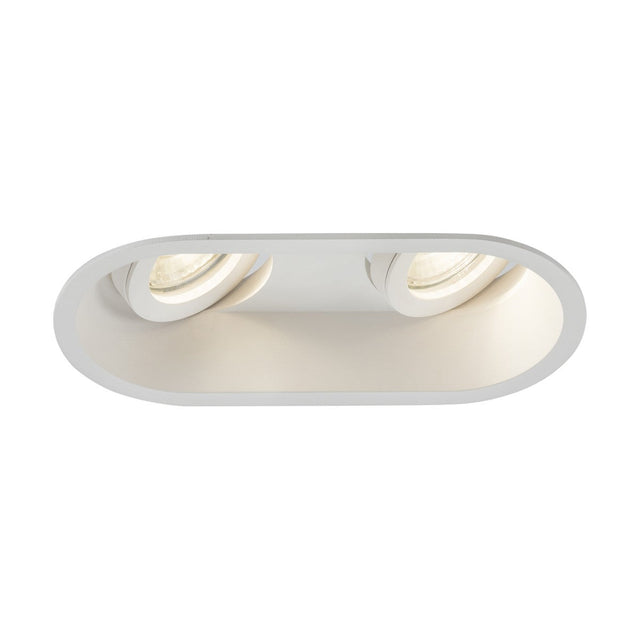 The Dipa Twin Tilt Recessed Round Downlight in white is an oval-shaped light fixture with two round adjustable bulbs, boasting an anti-glare design. Its minimalist and modern aesthetic makes it ideal for residential lighting.