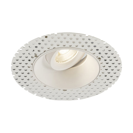 The Odan Single Tilt Round Plaster Downlight in white features a recessed design with perforated trim and an adjustable central light head set against a solid white backdrop.