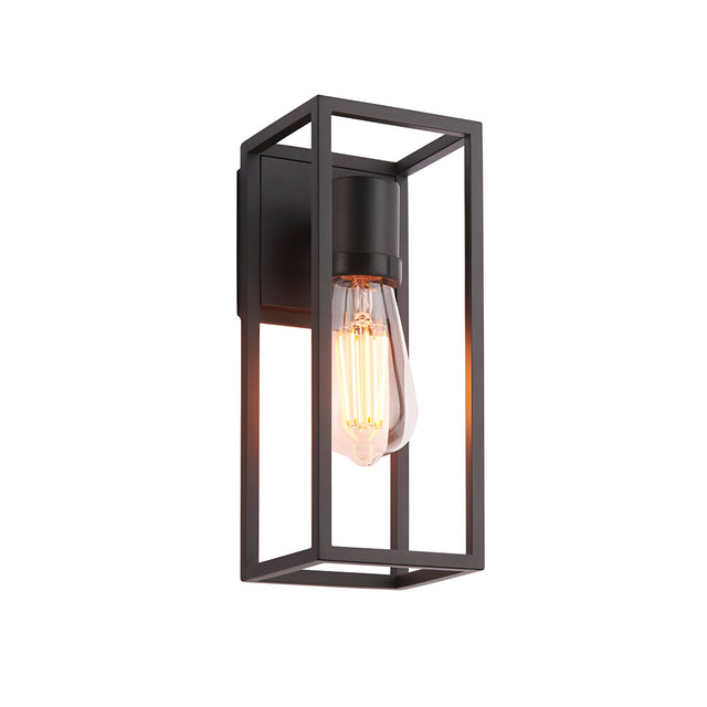 Brenford Outdoor Wall Light in black, open cage-style aluminium frame with exposed E27 filament bulb, shown on a plain white background.