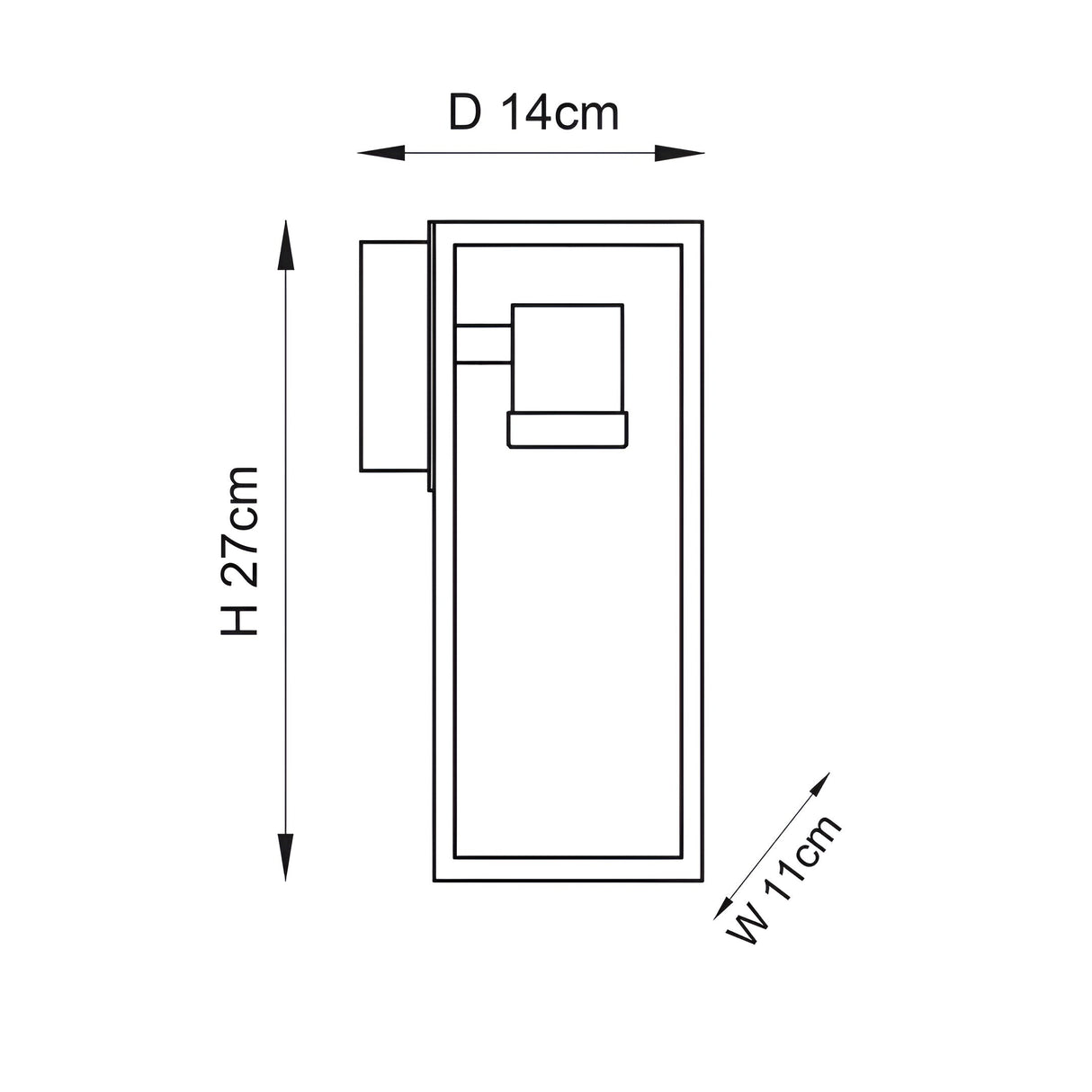 Technical line drawing of the Brenford Outdoor Wall Light in black, showing side profile with dimensions H27cm, D14cm, W11cm and mounting bracket detail.