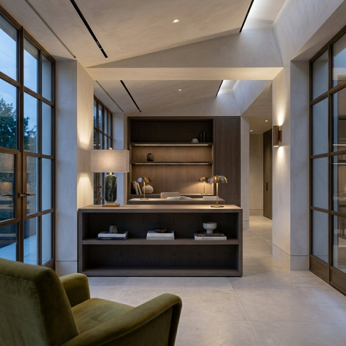 A modern minimalist office with large windows, a wooden desk with shelves, and the Morvex 1 Light Sculpted Marble Table Lamp in black & brass. Books, décor, and a green armchair enhance the neutral space’s calm atmosphere with soft lighting.