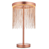 Endon Danestead brushed copper table lamp with LED ring and cascading copper-toned chains on a cylindrical stem and round base.