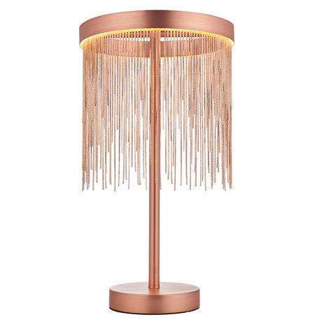 Endon Danestead brushed copper table lamp with LED ring and cascading copper-toned chains on a cylindrical stem and round base.