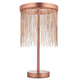 Endon Danestead brushed copper table lamp with cascading copper-toned chains hanging from an LED ring on a slim stem and round base.