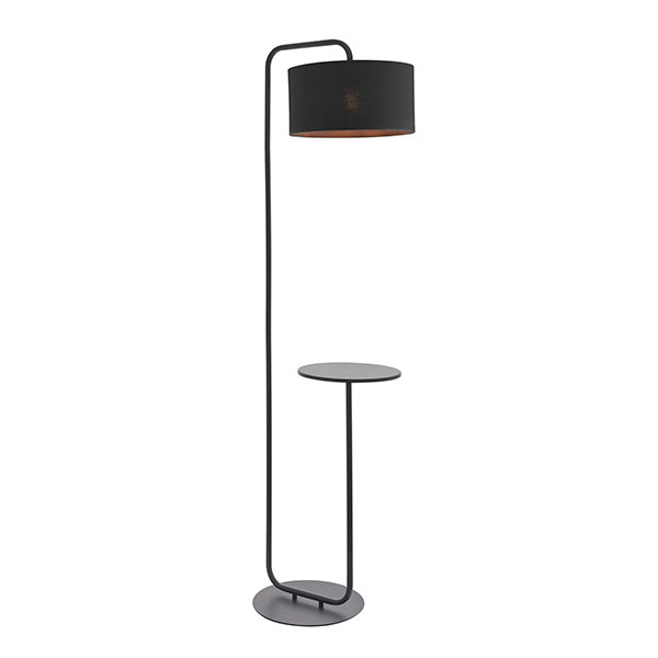 Caldfield Floor Lamp in satin black metal with black fabric cylinder shade, built-in round side table, curved stem, and round base.