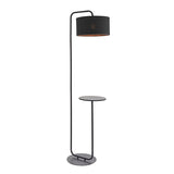 Caldfield Floor Lamp in satin black metal with black fabric cylinder shade, built-in round side table, curved stem, and round base.