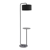 Caldfield Floor Lamp in satin black metal with black fabric cylinder shade and built-in round side table on a curved base, plain white background.