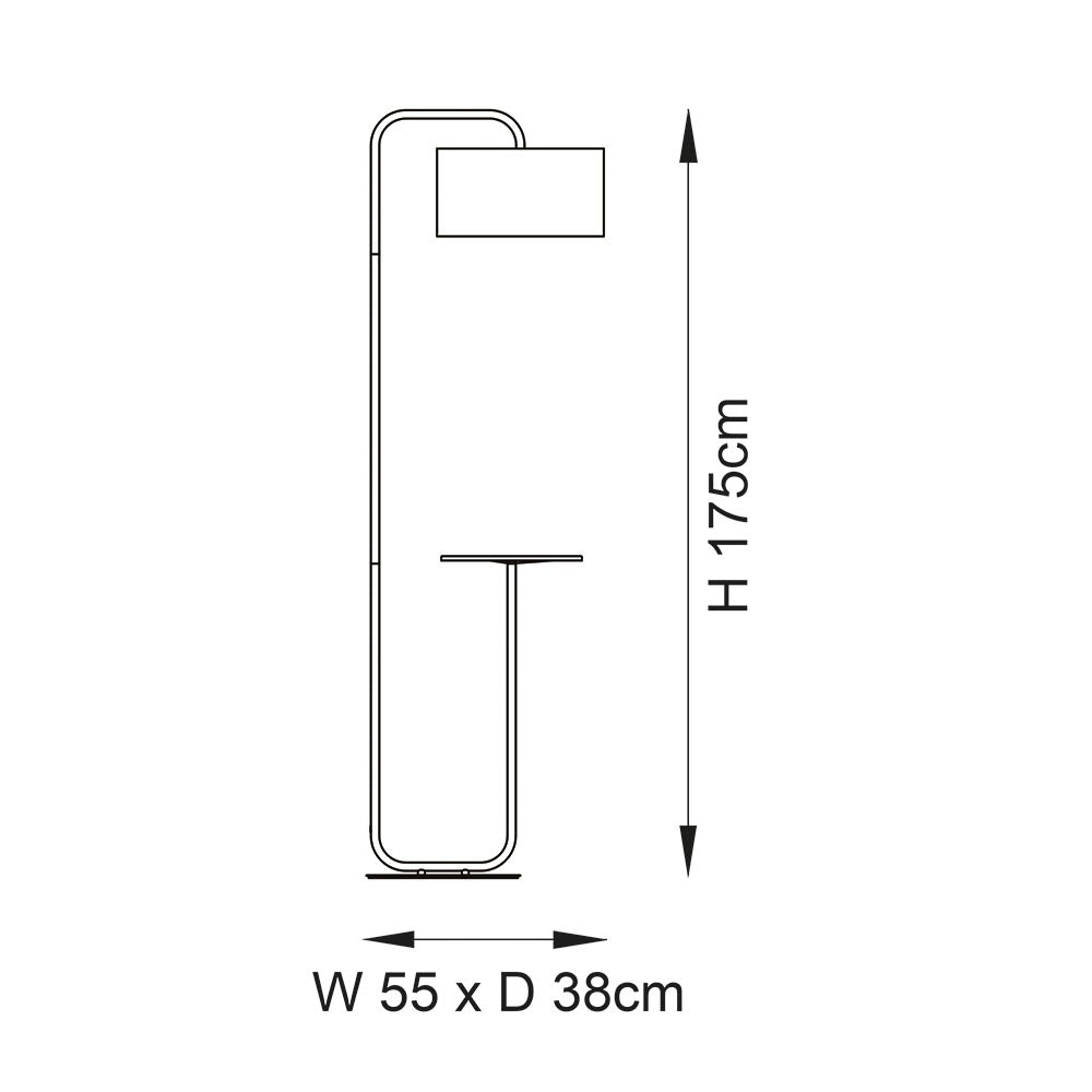 Line drawing of the black Caldfield Floor Lamp with curved metal stem, rectangular fabric shade, and side table; H175cm W55cm D38cm.