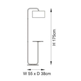 Line drawing of the black Caldfield Floor Lamp with curved metal stem, rectangular fabric shade, and side table; H175cm W55cm D38cm.