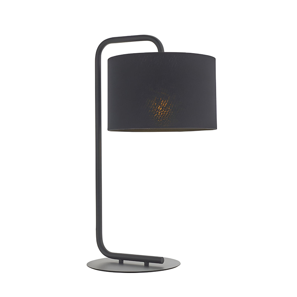 Caldfield Table Lamp in satin black, featuring a curved metal stand and drum fabric shade, shown on a plain white background.