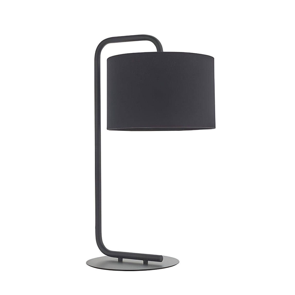 Caldfield Table Lamp in satin black, featuring a bent metal frame, round base, and black fabric cylinder shade, shown on a plain white background.