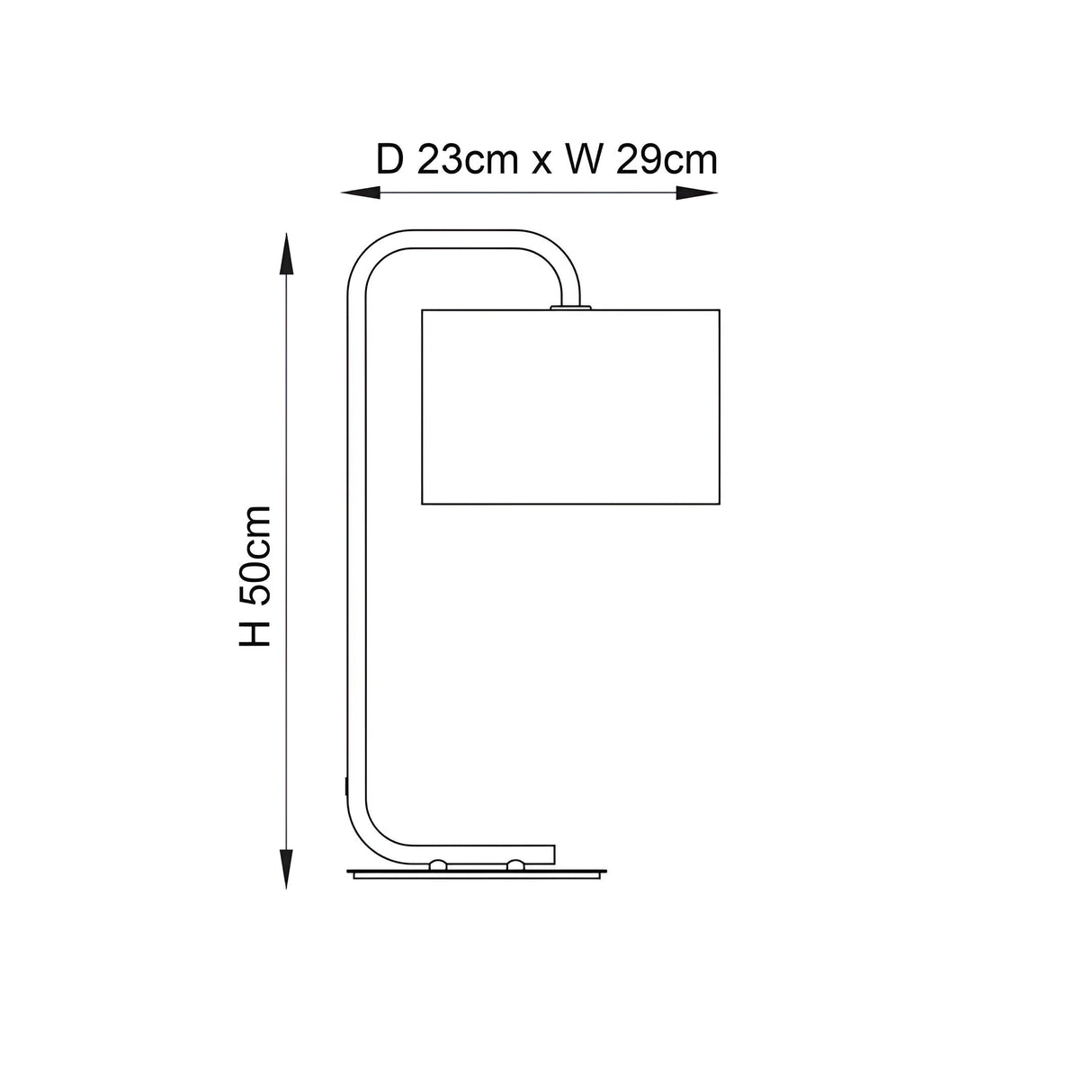Line drawing of the Caldfield Table Lamp in satin black metal with a rectangular shade, showing dimensions H50cm x D23cm x W29cm.