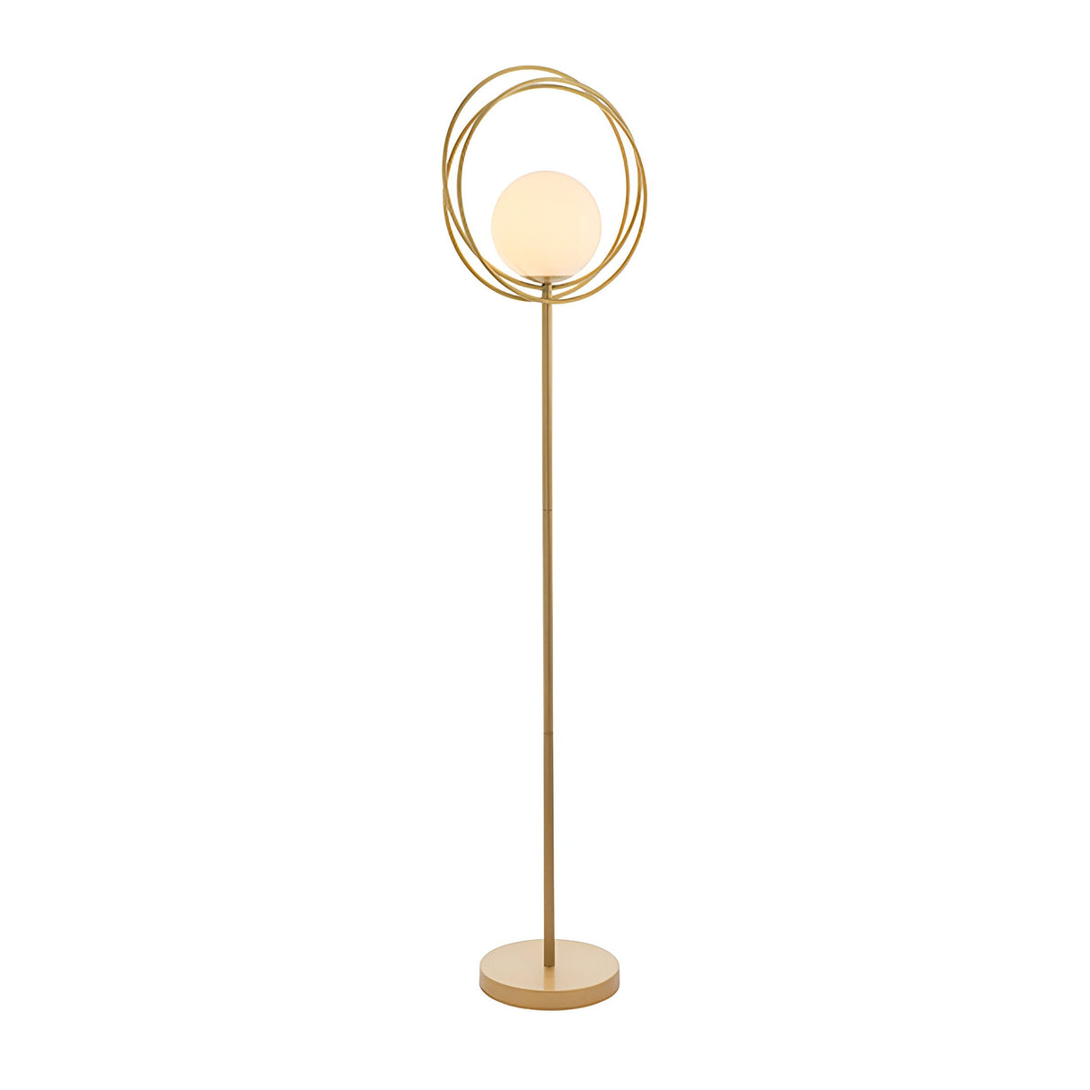 Endon Brackshaw floor lamp in brushed gold with an opal glass globe held within three interlinking rings on a slim stem and round base.