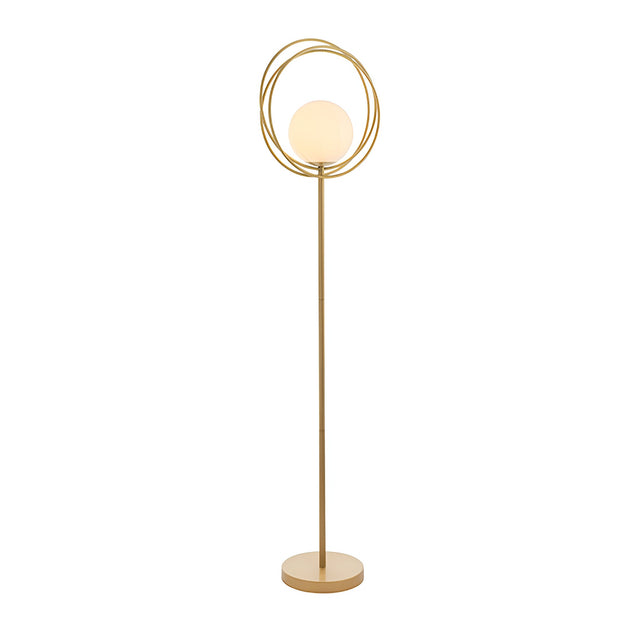 Endon Brackshaw floor lamp in brushed gold with an opal glass globe held within three interlinking rings on a slim stem and round base.