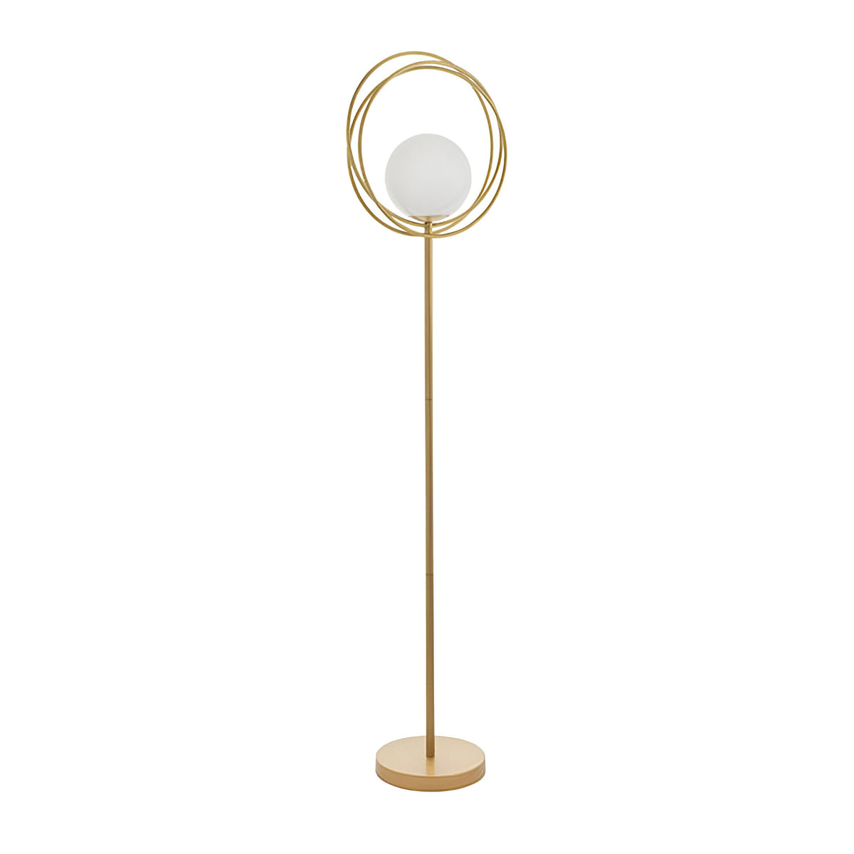 Endon Brackshaw floor lamp in brushed gold with an opal glass orb held within three interlinking rings on a slim stem and round base.