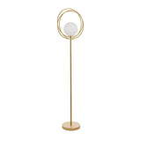 Endon Brackshaw floor lamp in brushed gold with an opal glass orb held within three interlinking rings on a slim stem and round base.