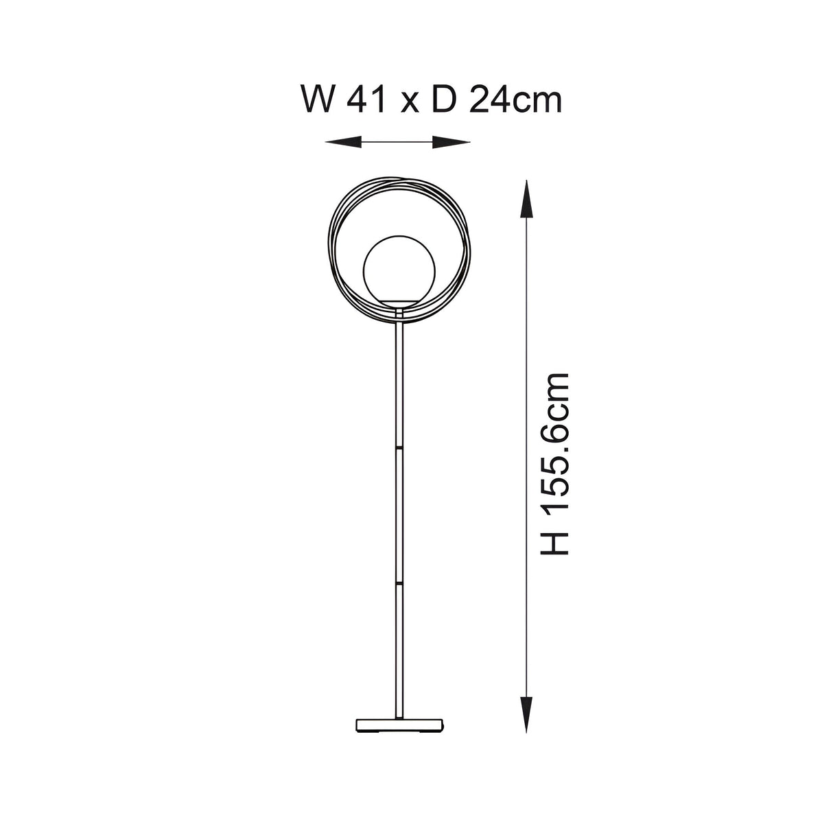 Dimension diagram of Endon Brackshaw floor lamp showing 41cm width, 24cm depth and 155.6cm height with ringed orb shade on a slim stem.