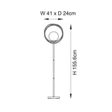 Dimension diagram of Endon Brackshaw floor lamp showing 41cm width, 24cm depth and 155.6cm height with ringed orb shade on a slim stem.