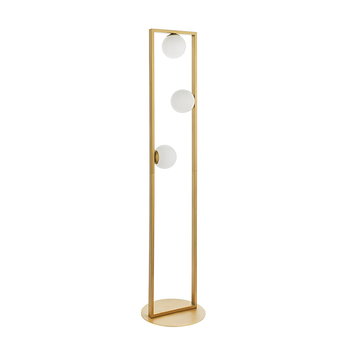 Cranford 3 Light Floor Lamp in brushed gold with an angular metal frame, three opal glass spheres, and a round base on a white background.