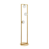 Cranford 3 Light Floor Lamp in brushed gold with an angular metal frame, three opal glass spheres, and a round base on a white background.