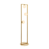 Cranford 3 Light Floor Lamp in brushed gold, tall angular metal frame with three opal glass spheres and round base, on a plain white background.