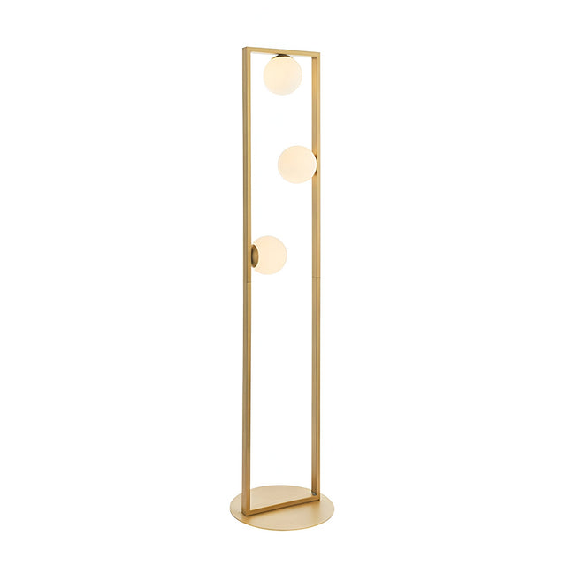 Cranford 3 Light Floor Lamp in brushed gold, tall angular metal frame with three opal glass spheres and round base, on a plain white background.