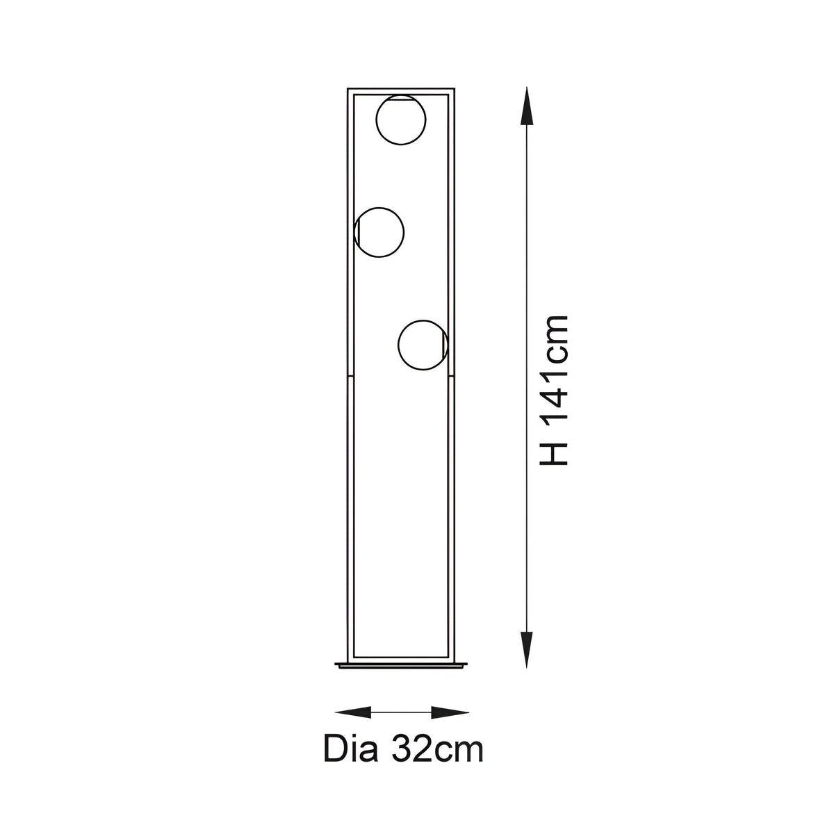 Line drawing of the Cranford 3 Light Floor Lamp in brushed gold, showing three opal glass spheres on a slim rectangular frame, H141cm, Dia 32cm base.