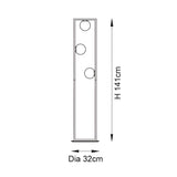 Line drawing of the Cranford 3 Light Floor Lamp in brushed gold, showing three opal glass spheres on a slim rectangular frame, H141cm, Dia 32cm base.