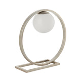 Brackstead Table Lamp in brushed silver, featuring a circular frame on a rectangular base holding an opal glass sphere, shown on a plain white background.